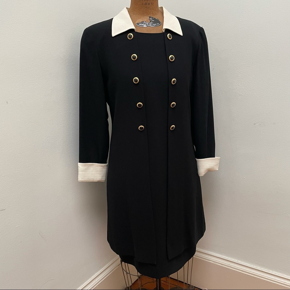 NOT SOLD! Vintage Evan Picone Black Dress with White Collar and Cuffs - Size 8